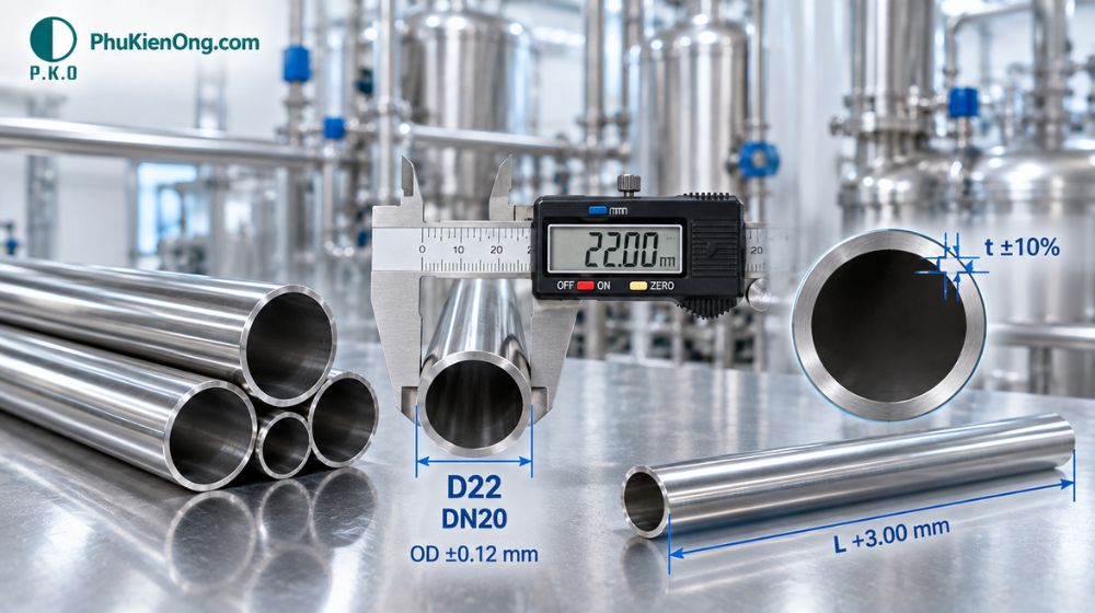 Dung sai của ống vi sinh D22 DN20