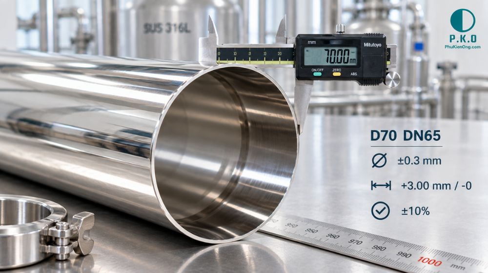 dung sai của ống vi sinh D70 DN65