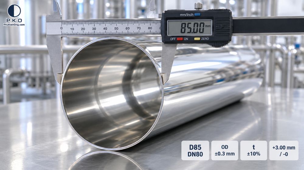 dung sai của ống vi sinh D85 DN80