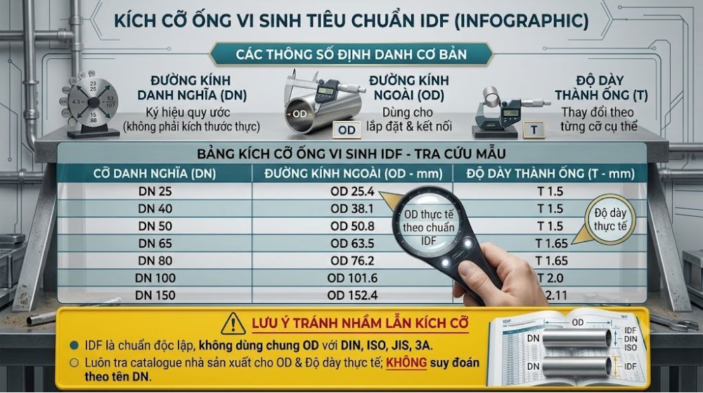 kích cỡ ống vi sinh chuẩn idf