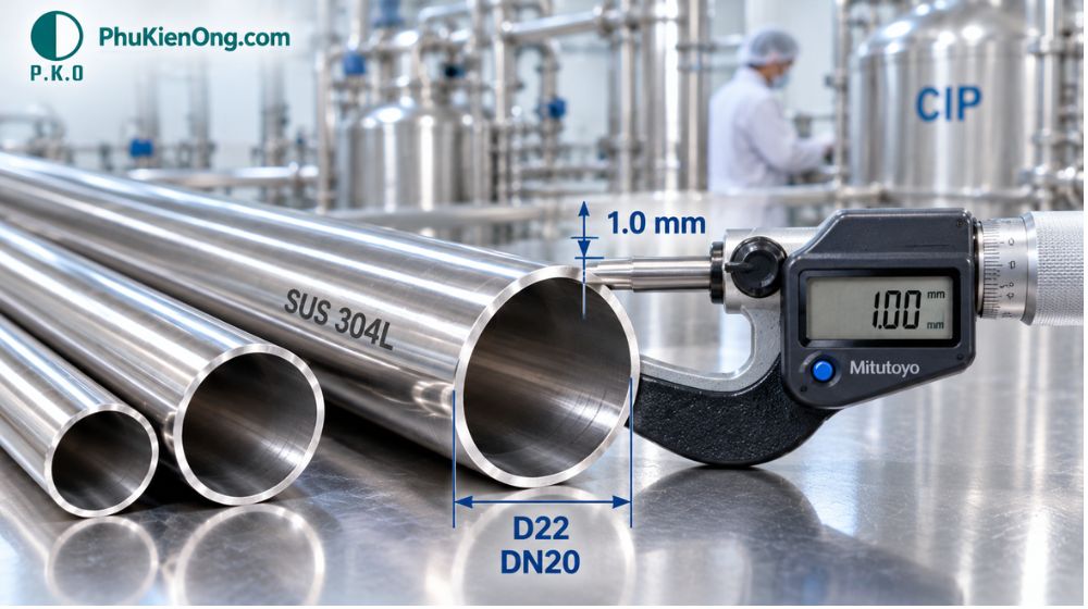 Ống vi sinh D22 DN20 có chiều dày là bao nhiêu